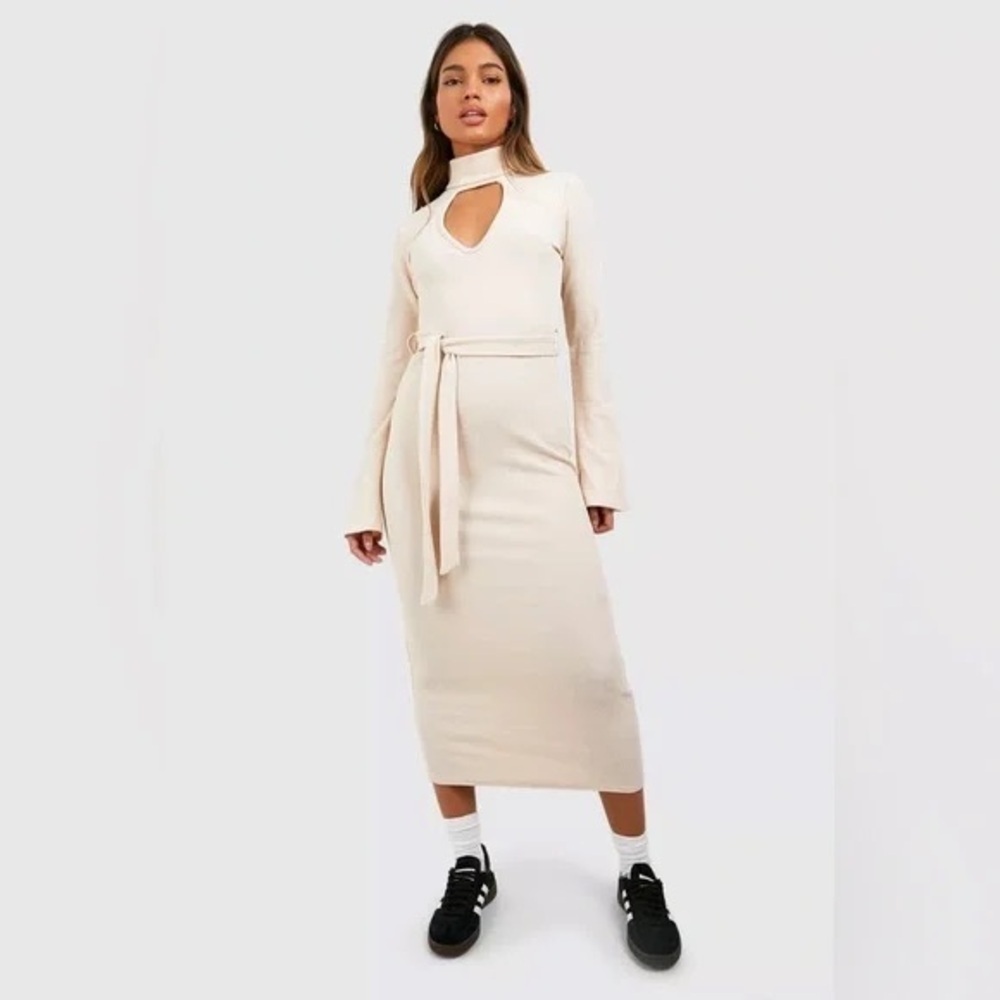 Boohoo | RIPPLE RIB CUT OUT TURTLENECK MIDI DRESS STONE